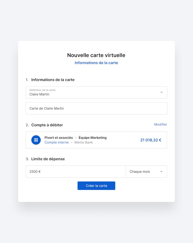 Interface de création d’une nouvelle carte avec le choix du nom de la carte, du compte à débiter, et de la limite de dépense.